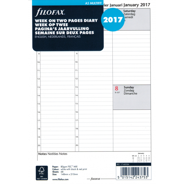 Mis Spruit Verplaatsbaar Filofax A5 Vulling Week op 2 Pagina's met kolommen 3 talig 2017 |  OfficeSupplies-Shop.nl